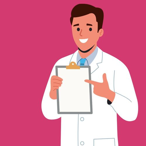An illustration of a doctor pointing at a clip board on a pink background.