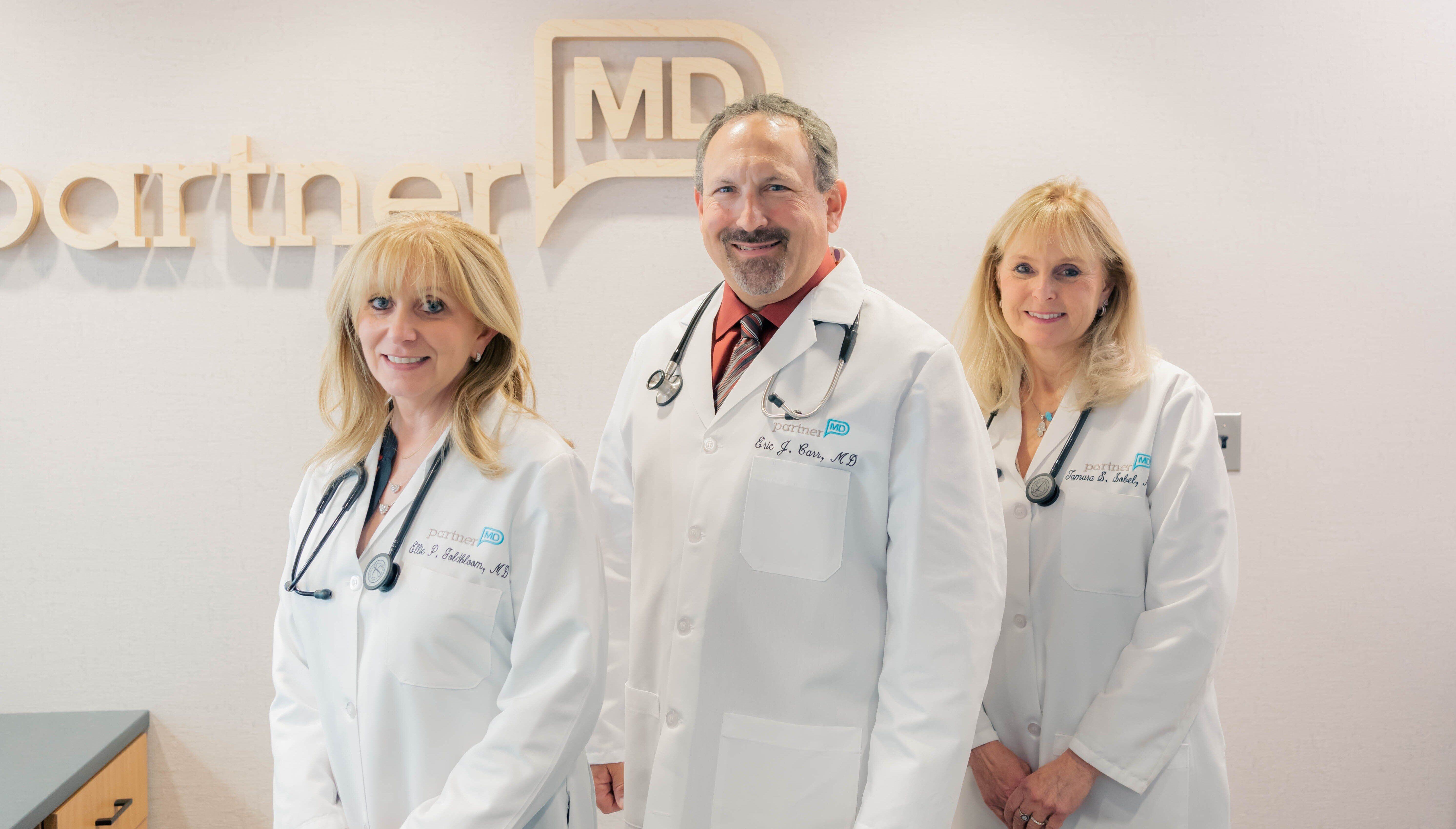 Photo of PartnerMD's three concierge doctors - Dr. Ellie Goldbloom, Dr. Eric Carr, and Dr. Tamara Sobel