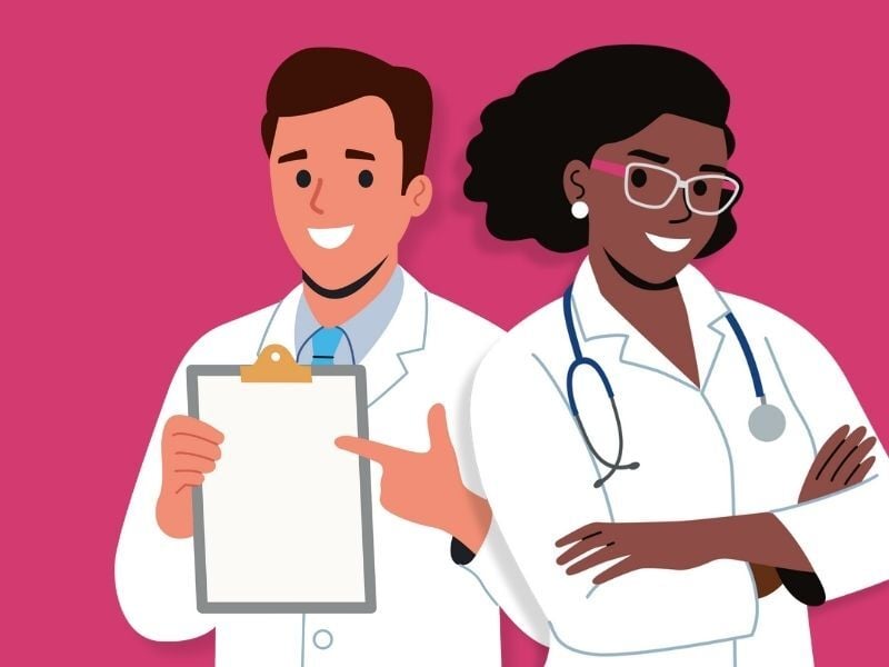 An illustration of a male doctor pointing at a clip board and a female doctor with her arms crossed on a pink background.