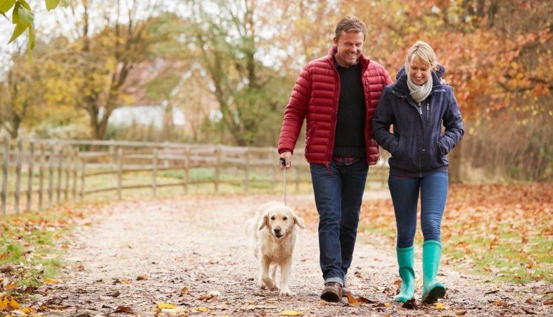mature couple walking dog