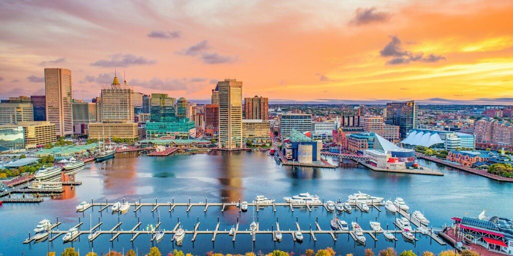 Baltimore, MD harbor as the sun sets