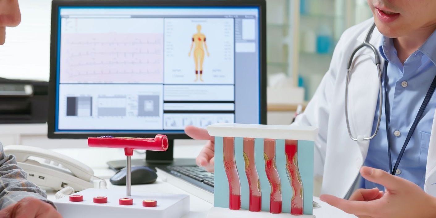 Doctor explaining artery plaque to patient.